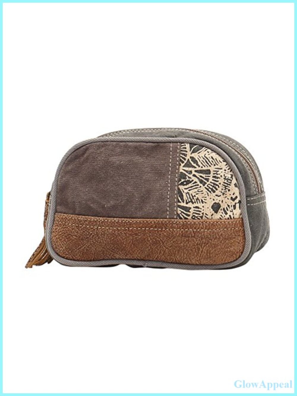 Upcycled Canvas Leather Cosmetic Bag Floral Zipper Makeup Pouch Small